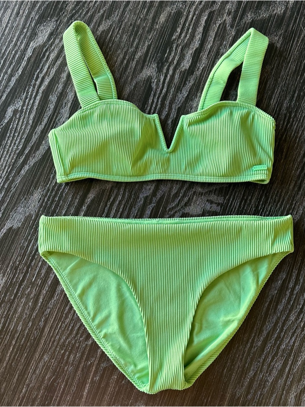 Roxy Green Two Piece Ribbed Bikini, Bottom L Top M